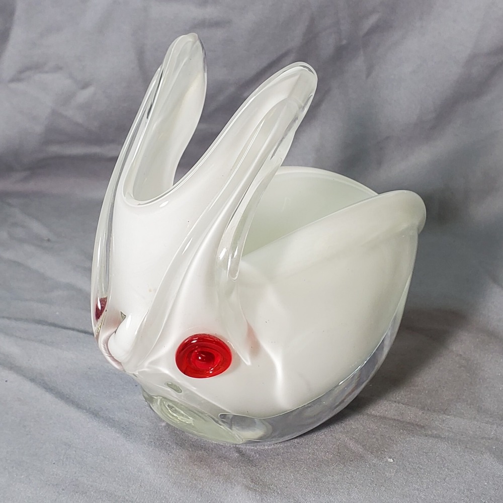 Blown Glass Rabbit Candy Trinket Dish White Red Home Table Decor Vintage